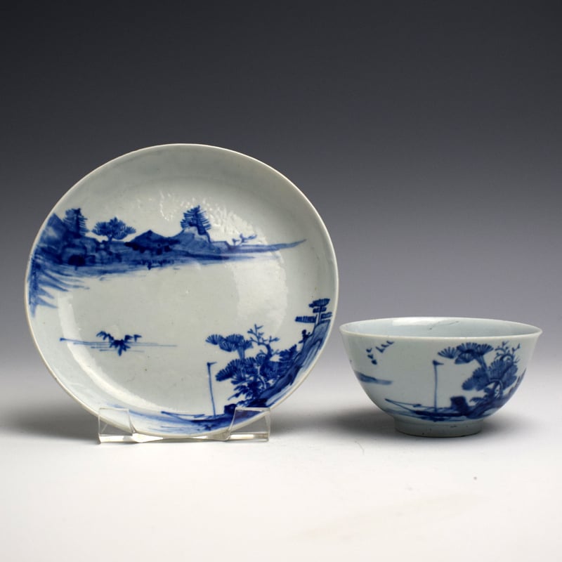 Rare Vauxhall Chinese River Scene Pattern Teabowl and Saucer c1756-58