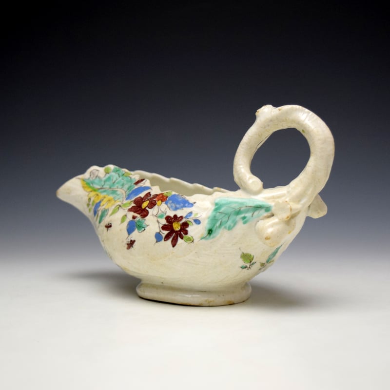 Longton Hall Polychrome Floral Pattern Cos Moulded Saucerboat c1756-60 (6)