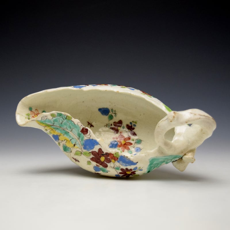 Longton Hall Polychrome Floral Pattern Cos Moulded Saucerboat c1756-60 (7)