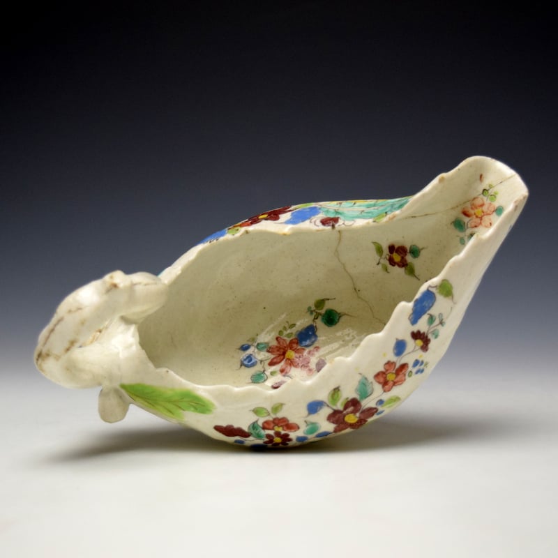 Longton Hall Polychrome Floral Pattern Cos Moulded Saucerboat c1756-60 (8)