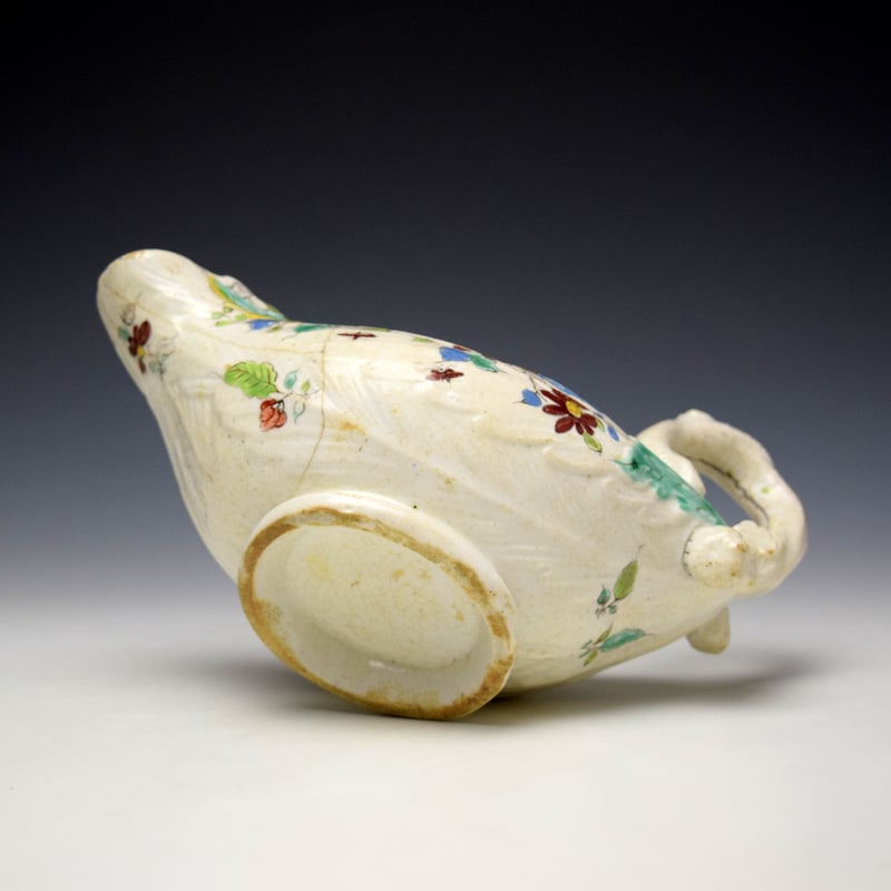 Longton Hall Polychrome Floral Pattern Cos Moulded Saucerboat c1756-60 (9)