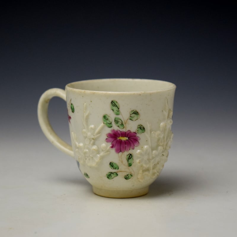 Bow Moulded Prunus and Floral Sprays Pattern Coffee Cup c1756-60 (3)