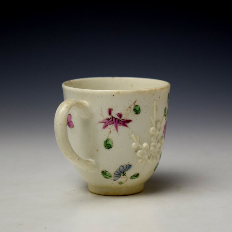 Bow Moulded Prunus and Floral Sprays Pattern Coffee Cup c1756-60 (4)