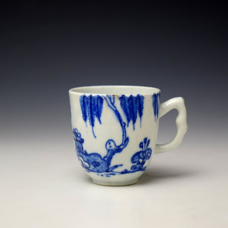 Peony Holed Rock and Weeping Willow Pattern Coffee Cup c1750-54