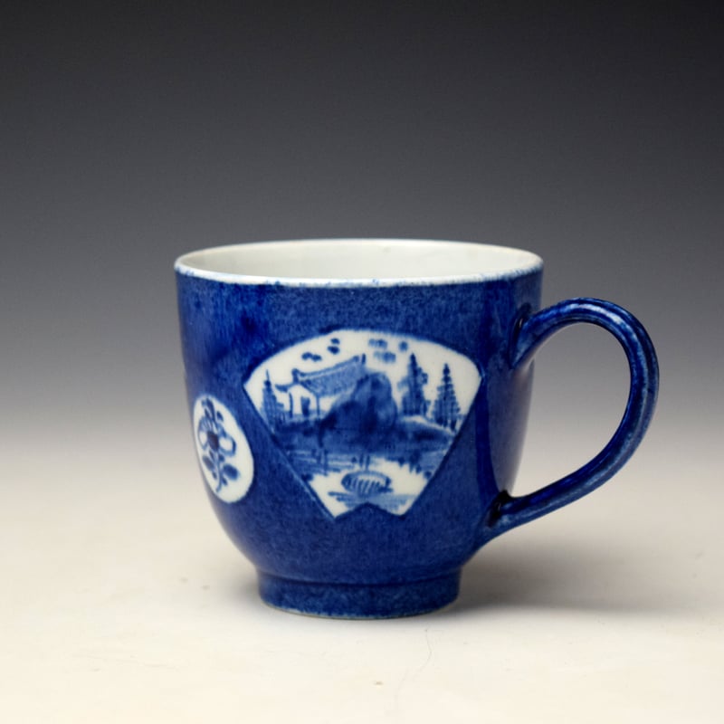 Uncommon Powder Blue Fan Panelled Landscape Pattern Coffee Cup c1760-65