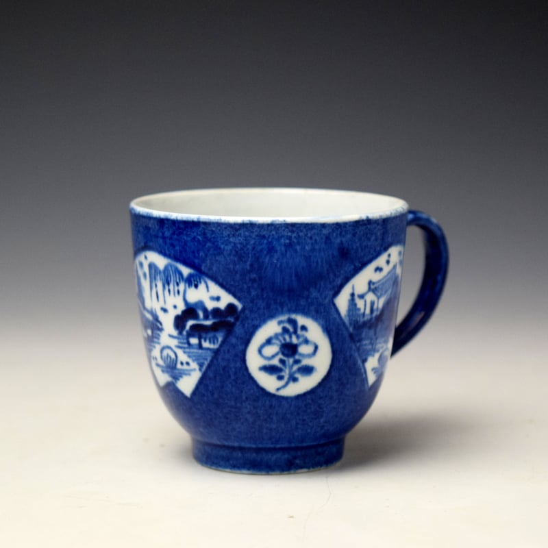 Bow Powder blue Fan Panelled Landscape Pattern Coffee Cup c1760-65 (2)