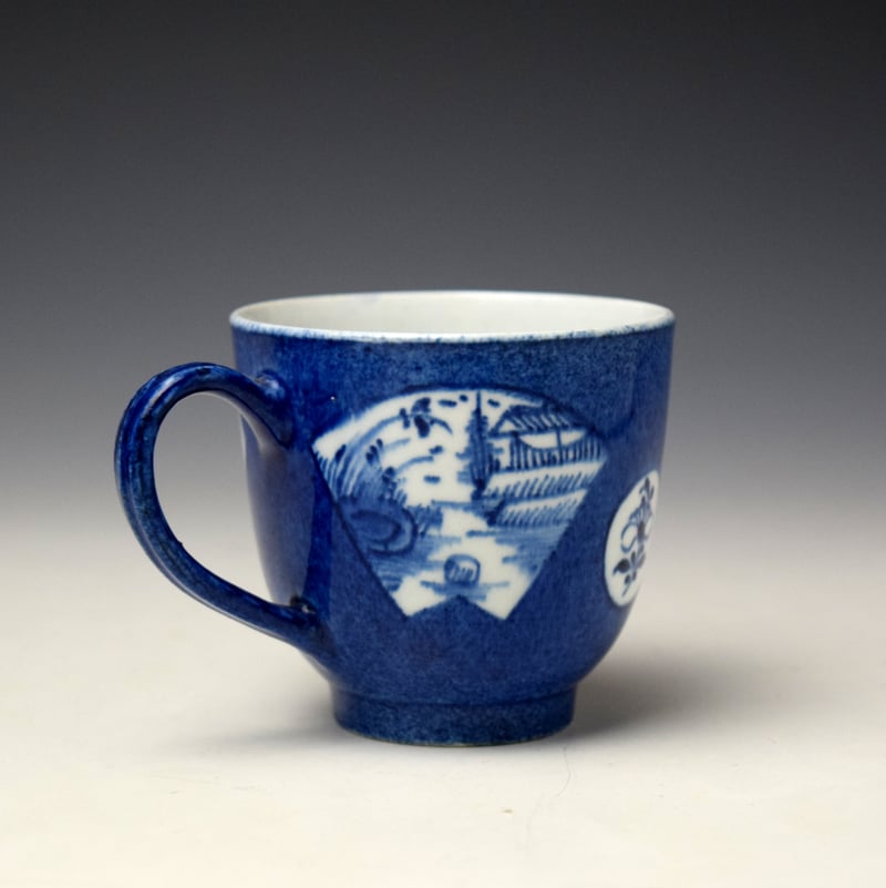 Bow Powder blue Fan Panelled Landscape Pattern Coffee Cup c1760-65 (4)