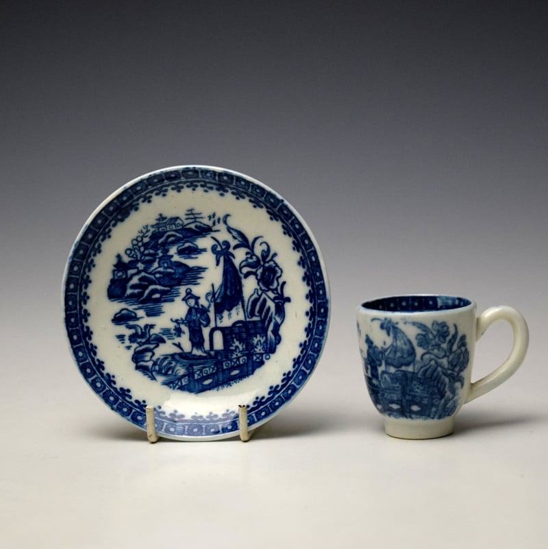 Caughley Fisherman Pattern Toy Coffee Cup and Saucer c1777-99 (1)