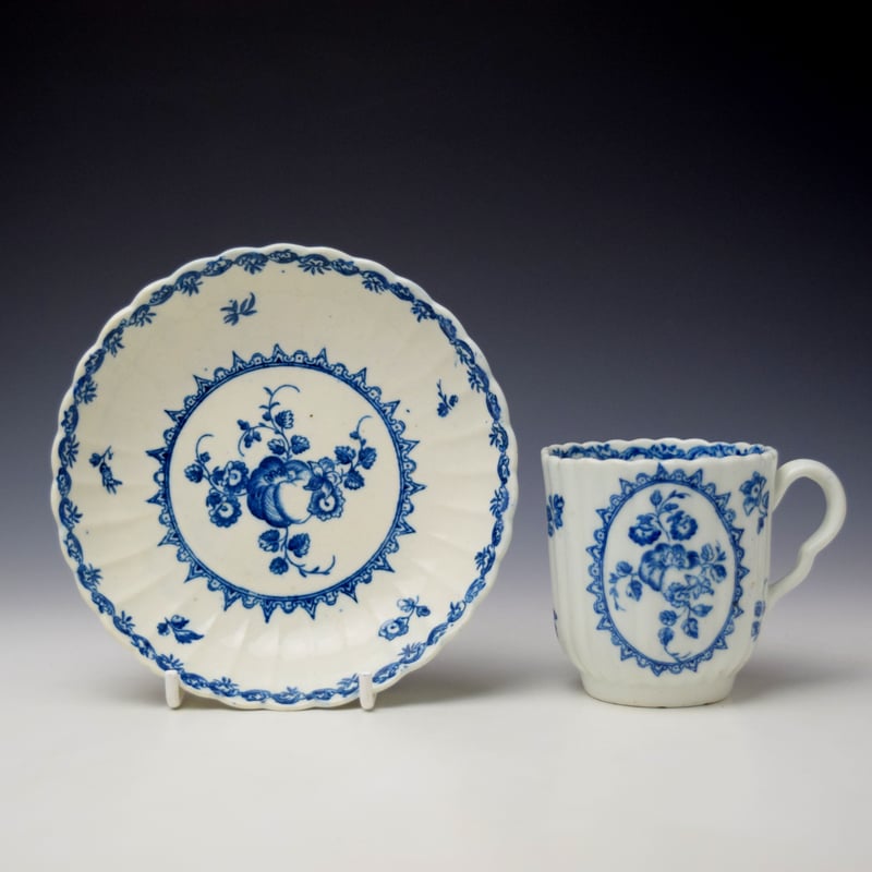 Uncommon Fluted Fruit and Wreath Pattern Coffee Cup and Saucer c1778-88