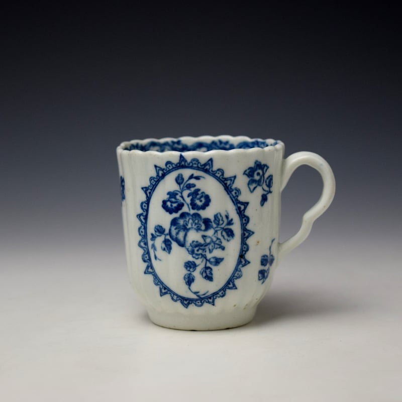 Caughley Fruit and Wreath Pattern Fluted Coffee Cup and Saucer c1778-88 (2)