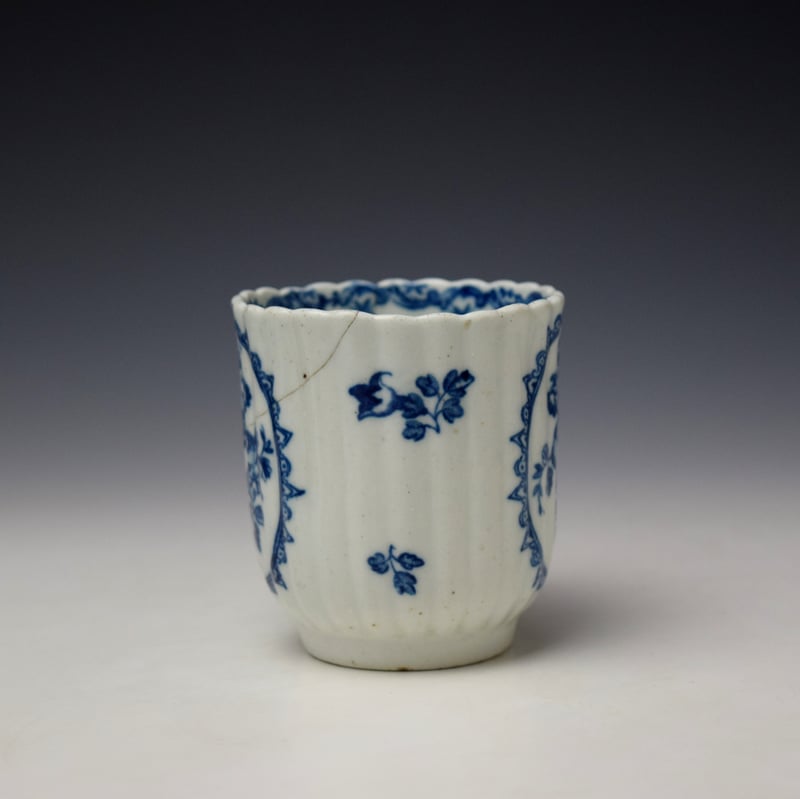 Caughley Fruit and Wreath Pattern Fluted Coffee Cup and Saucer c1778-88 (3)