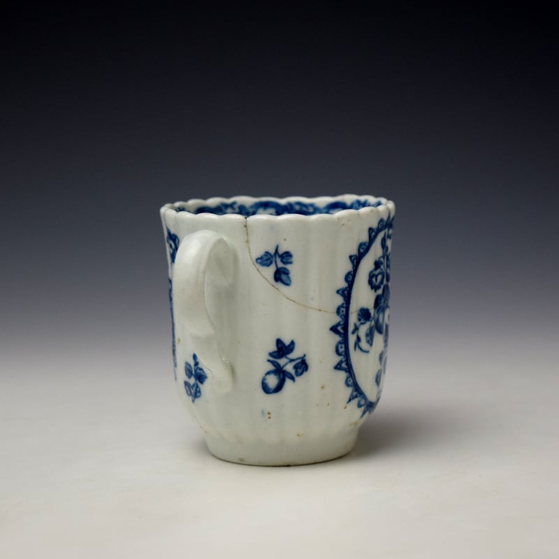 Caughley Fruit and Wreath Pattern Fluted Coffee Cup and Saucer c1778-88 (5)