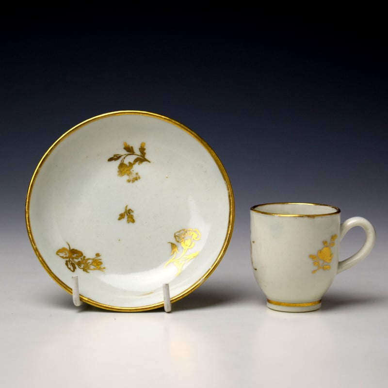 Caughley Gilt Floral Sprigs Pattern Miniature Coffee Cup and Saucer c1780-95 (1)
