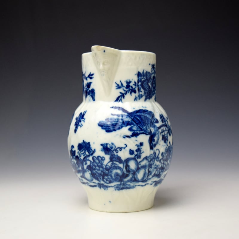 Caughley Parrot Pecking Fruit Pattern Small Mask Head Jug c1795 (2)