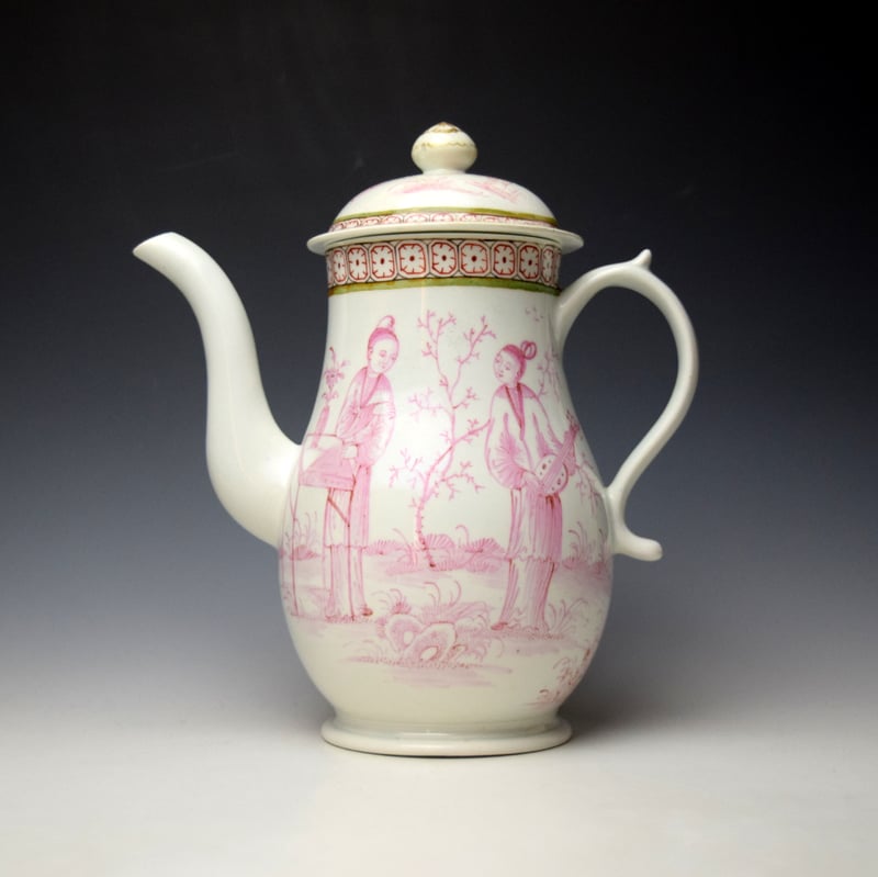 Very Rare Pink Monochrome Mandarin Pattern Coffee Pot and Cover c1768-72