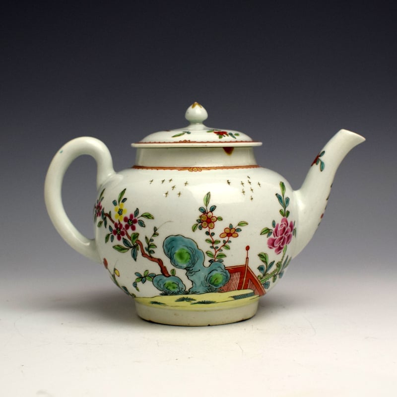 Early Worcester Famille Rose Style Teapot c1758-60 (2)