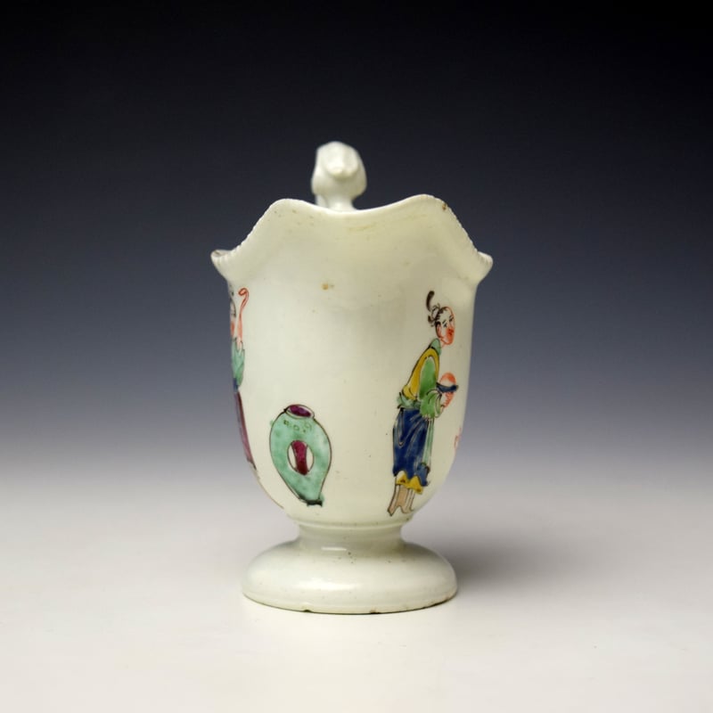 Liverpool Philip Christian Mandarin Lady and Servant Pattern Helmet Shaped Cream Jug c1765-75 (2)