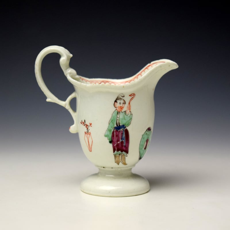 Liverpool Philip Christian Mandarin Lady and Servant Pattern Helmet Shaped Cream Jug c1765-75 (3)