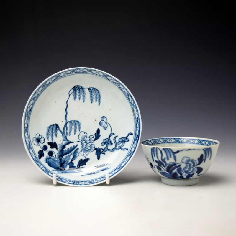 Uncommon Richard Chaffers Fringed Tree Rock Pattern Teabowl and Saucer c1760-65 Ex Steven Goss