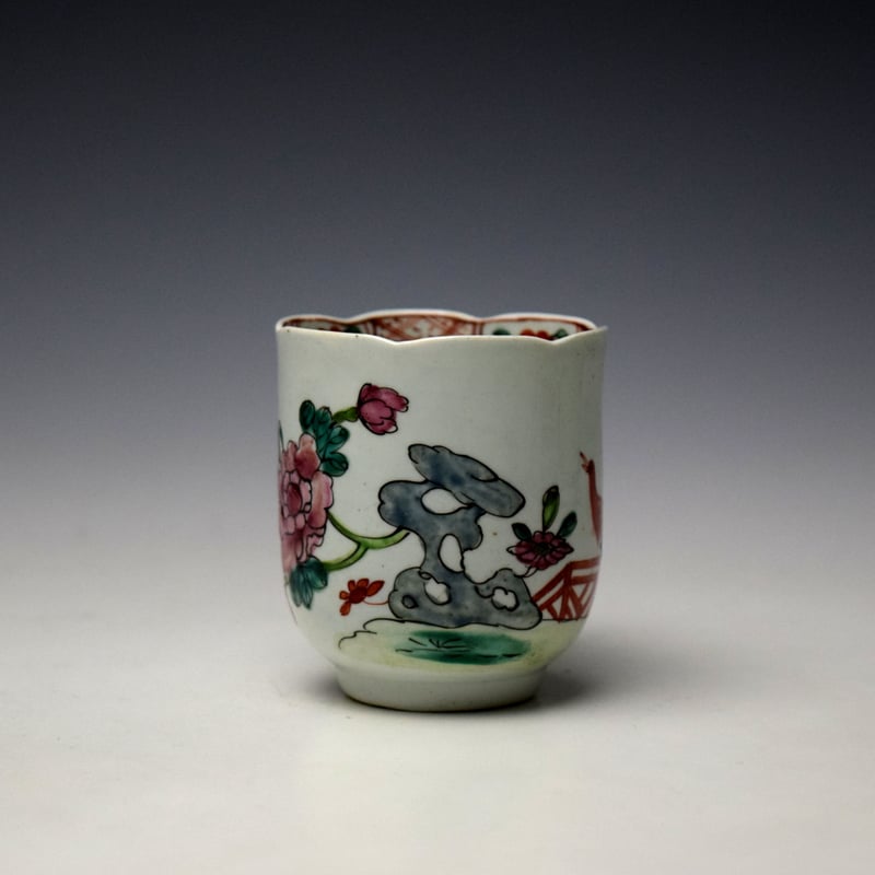 Liverpool Richard Chaffers Peony Rock and Bird Pattern Scalloped Coffee Cup c1758-62 (2)