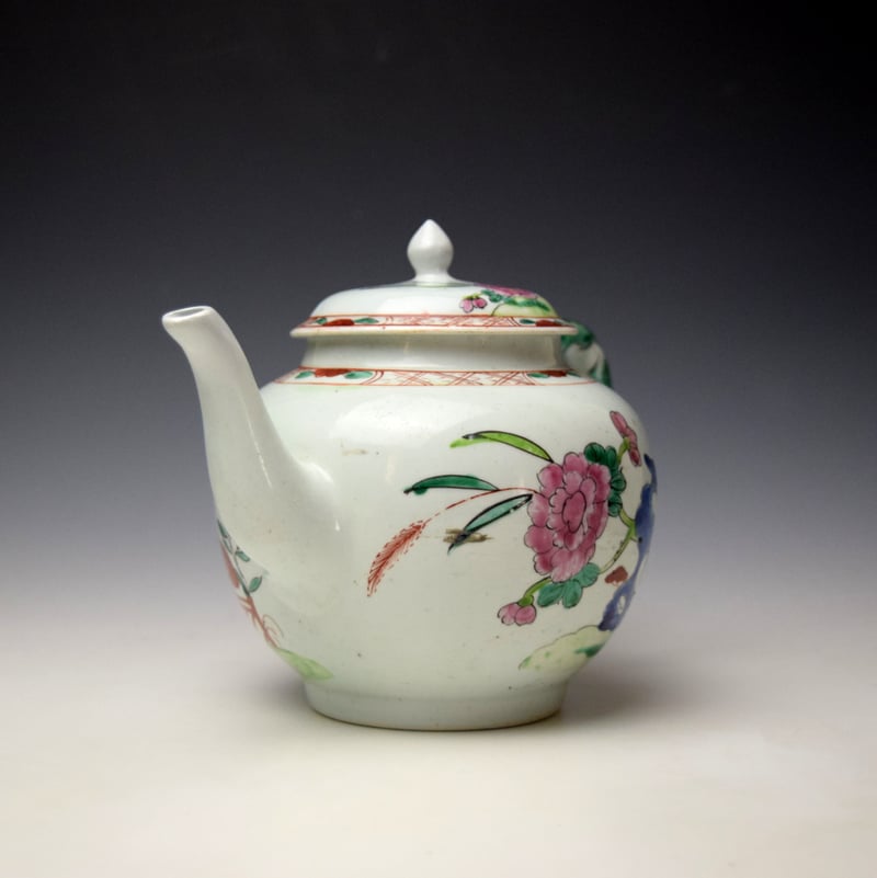 Liverpool Richard Chaffers Peony Rock and Bird Pattern Teapot and Cover c1758-62 (2)