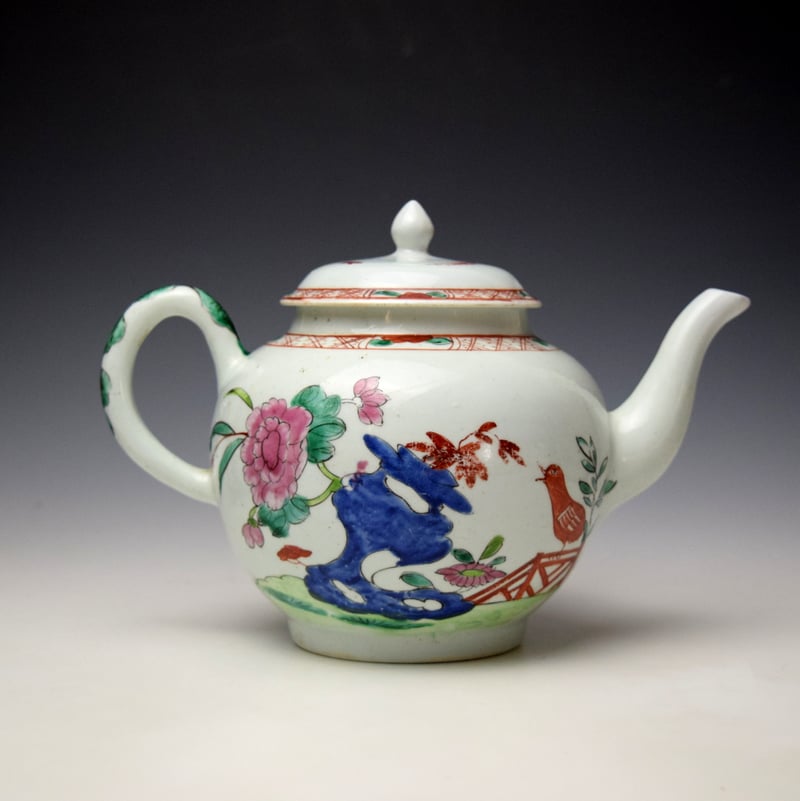 Liverpool Richard Chaffers Peony Rock and Bird Pattern Teapot and Cover c1758-62 (4)