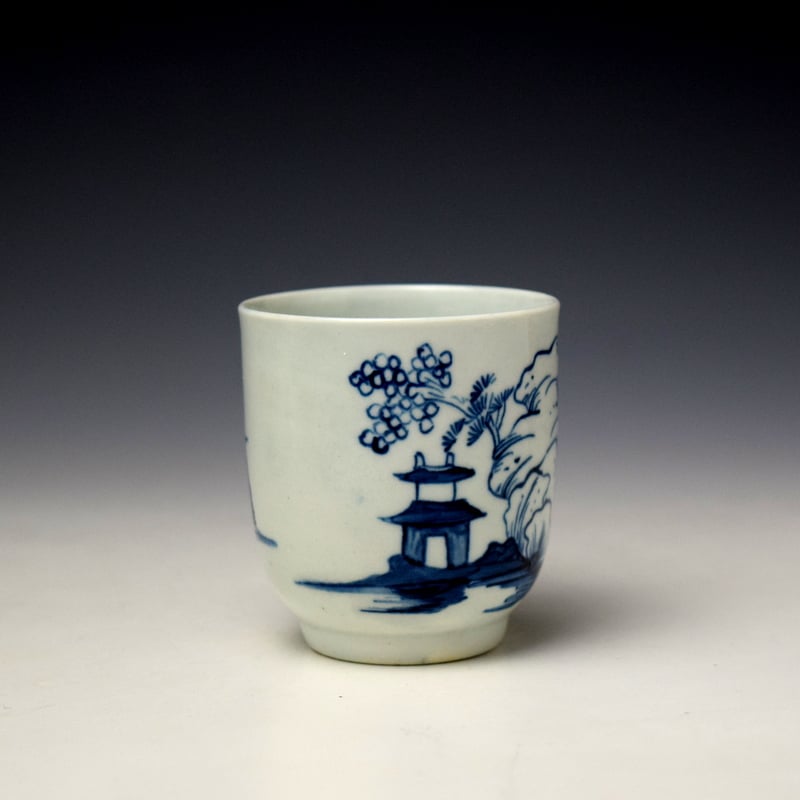 Liverpool Richard Chaffers Tall Pagoda and Rocky Landscape Pattern Coffee Cup c1758-60 (2)