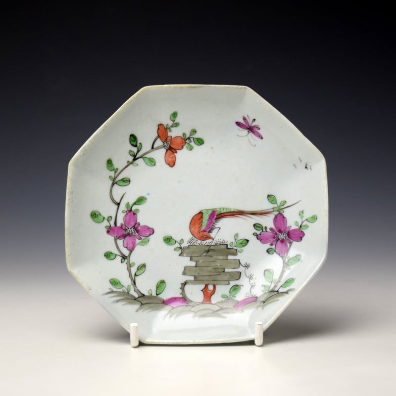 Longton Hall Bird and Stacked Rock Pattern Octagonal Saucer c1756-58