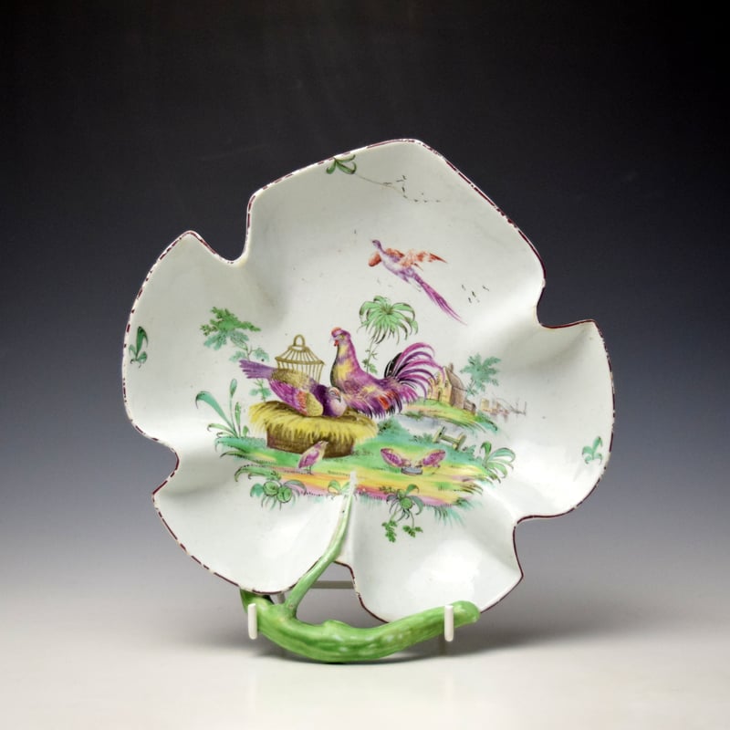 Very Rare Longton Hall Chicken Pattern Leaf Shape Dessert Stand c1756-60