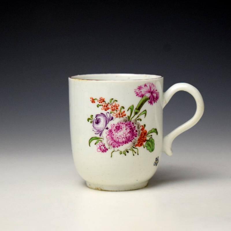 Longton Hall Floral Sprays and Multi Coloured Bug Pattern Coffee Cup c1755-60