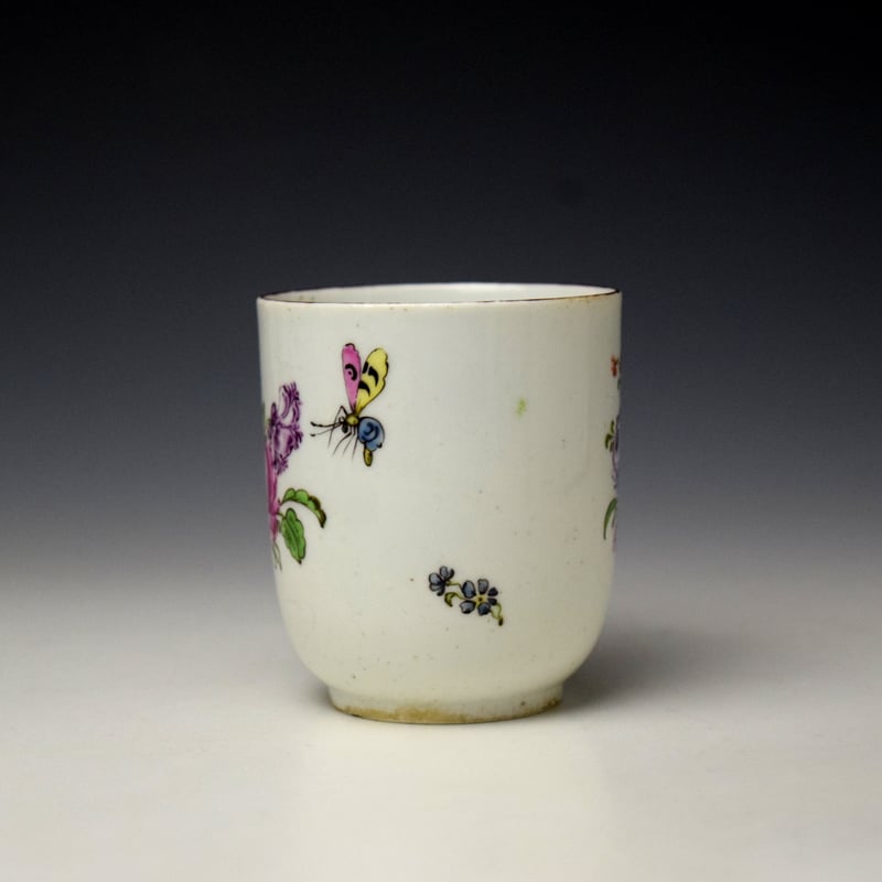 Longton Hall Floral Sprays and Mulit Coloured Bug Pattern Coffee Cup c1755-60 (2)