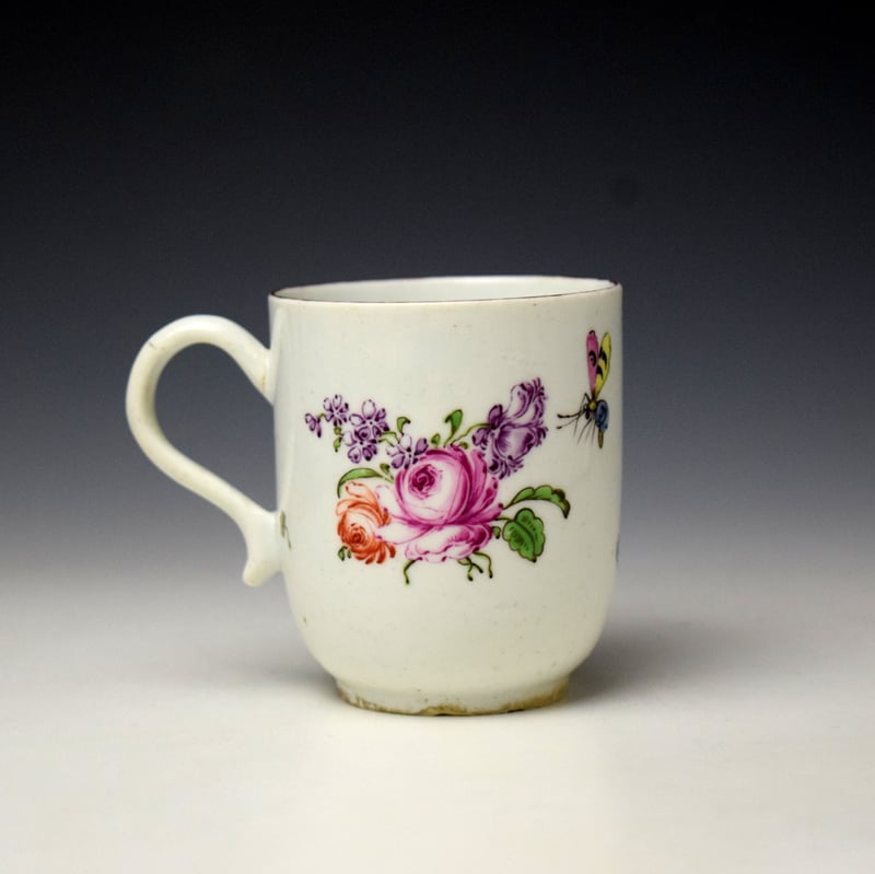 Longton Hall Floral Sprays and Mulit Coloured Bug Pattern Coffee Cup c1755-60 (3)