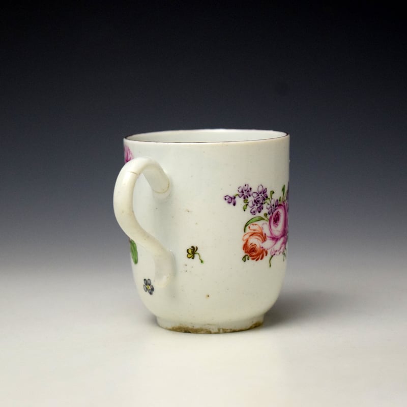 Longton Hall Floral Sprays and Mulit Coloured Bug Pattern Coffee Cup c1755-60 (4)