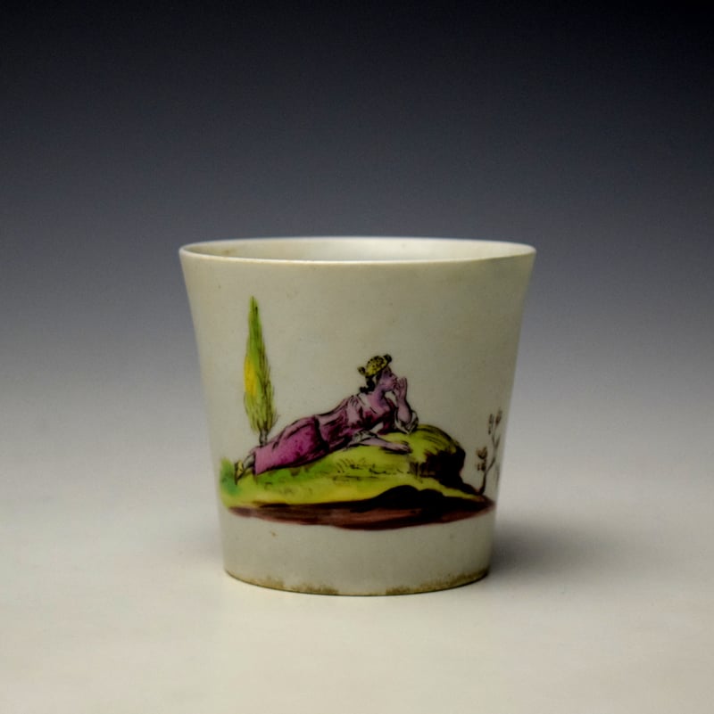 Rare Longton Hall Lady Lying on a Grassy Bank Pattern Beaker c1755-58