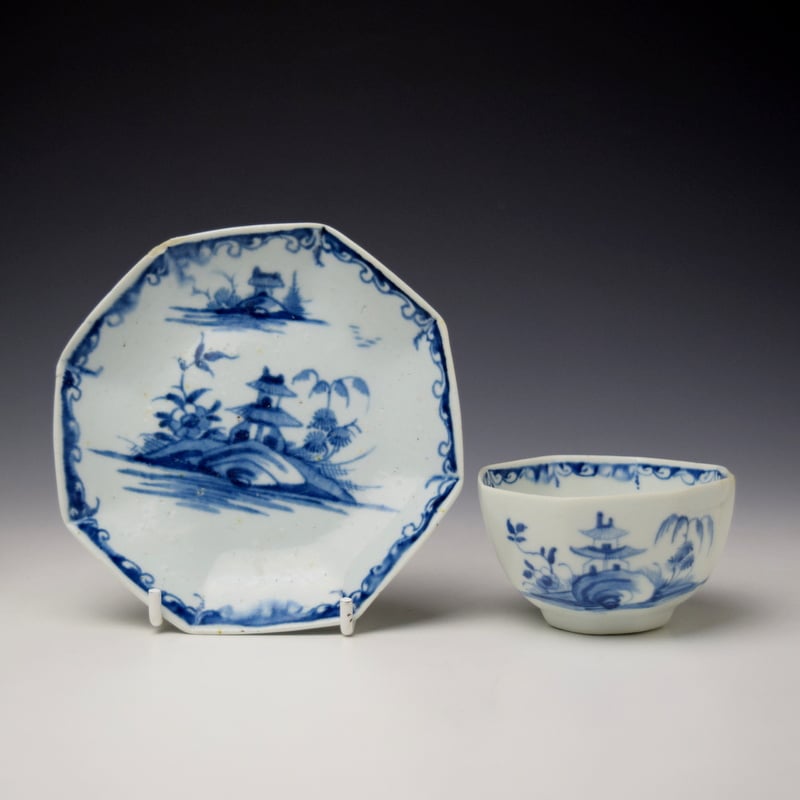 Rare Longton Hall Two Story Pagoda Landscape Pattern Octagonal Teabowl and Saucer c1752-56