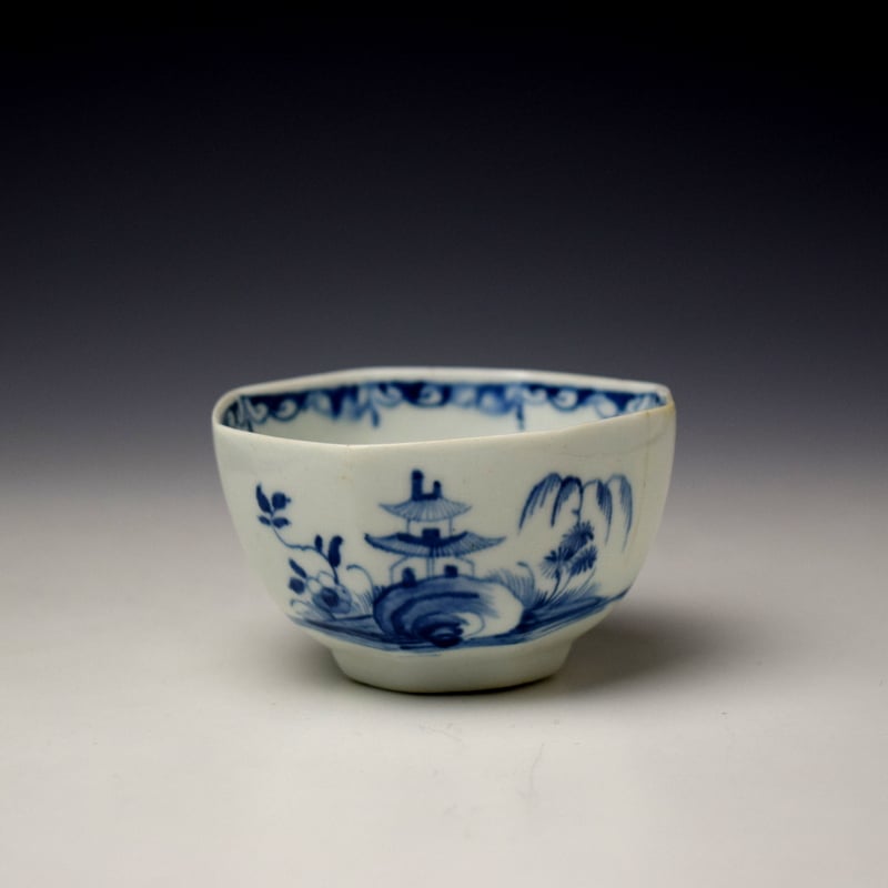 Longton Hall Two Story Pagoda Landscape Pattern Octagonal Teabowl and Saucer c1752-56 (2)