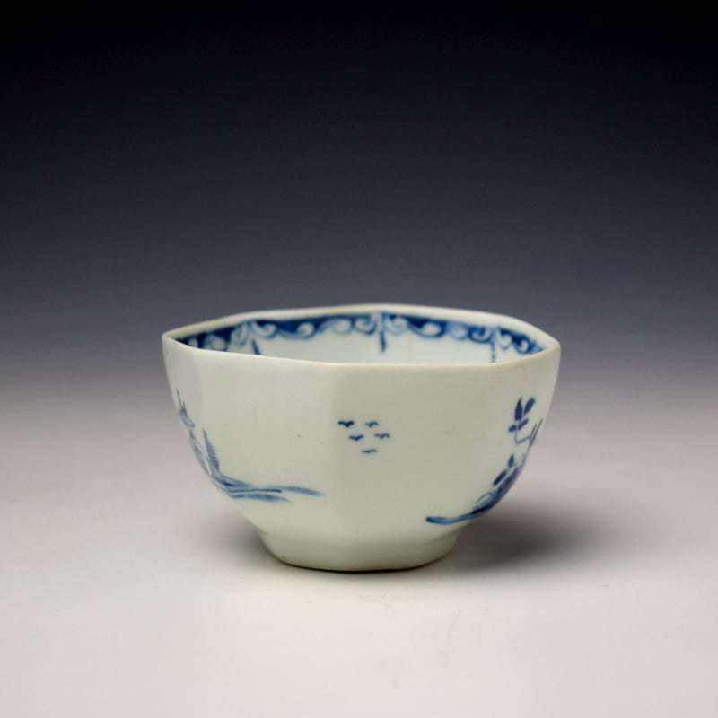 Longton Hall Two Story Pagoda Landscape Pattern Octagonal Teabowl and Saucer c1752-56 (3)