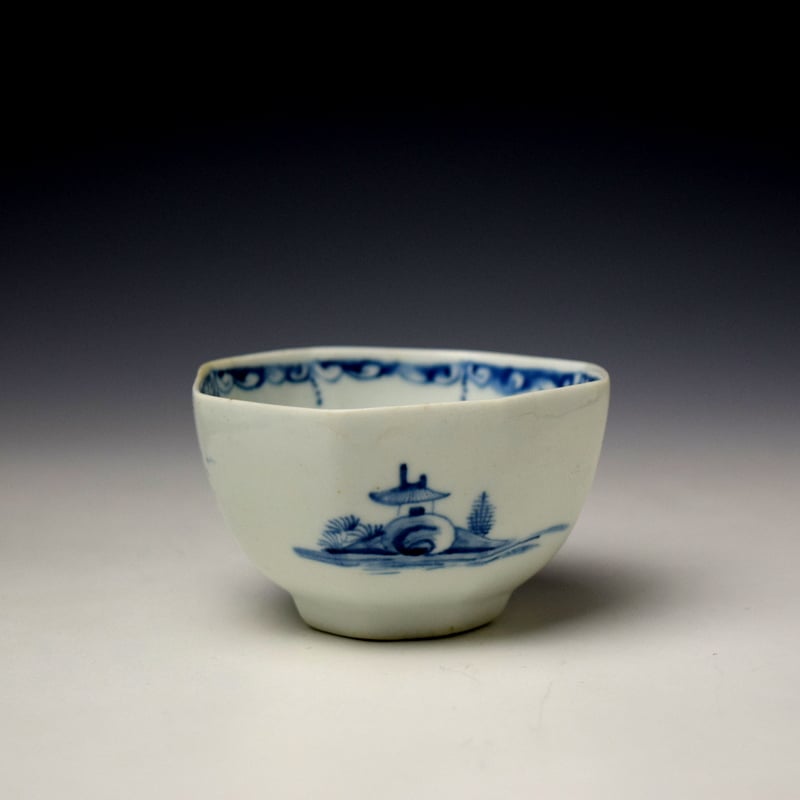 Longton Hall Two Story Pagoda Landscape Pattern Octagonal Teabowl and Saucer c1752-56 (4)