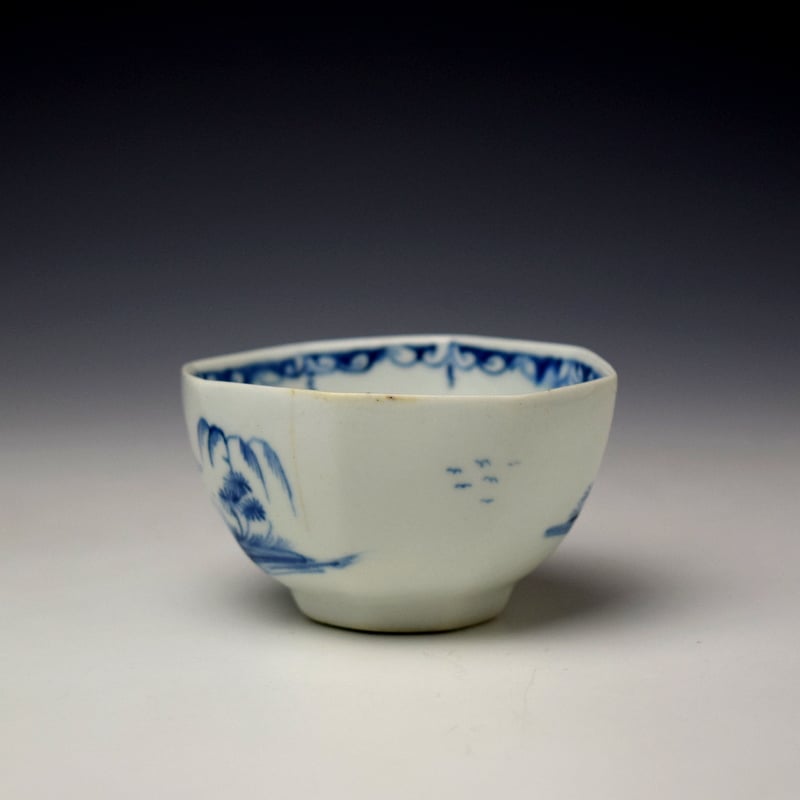 Longton Hall Two Story Pagoda Landscape Pattern Octagonal Teabowl and Saucer c1752-56 (5)