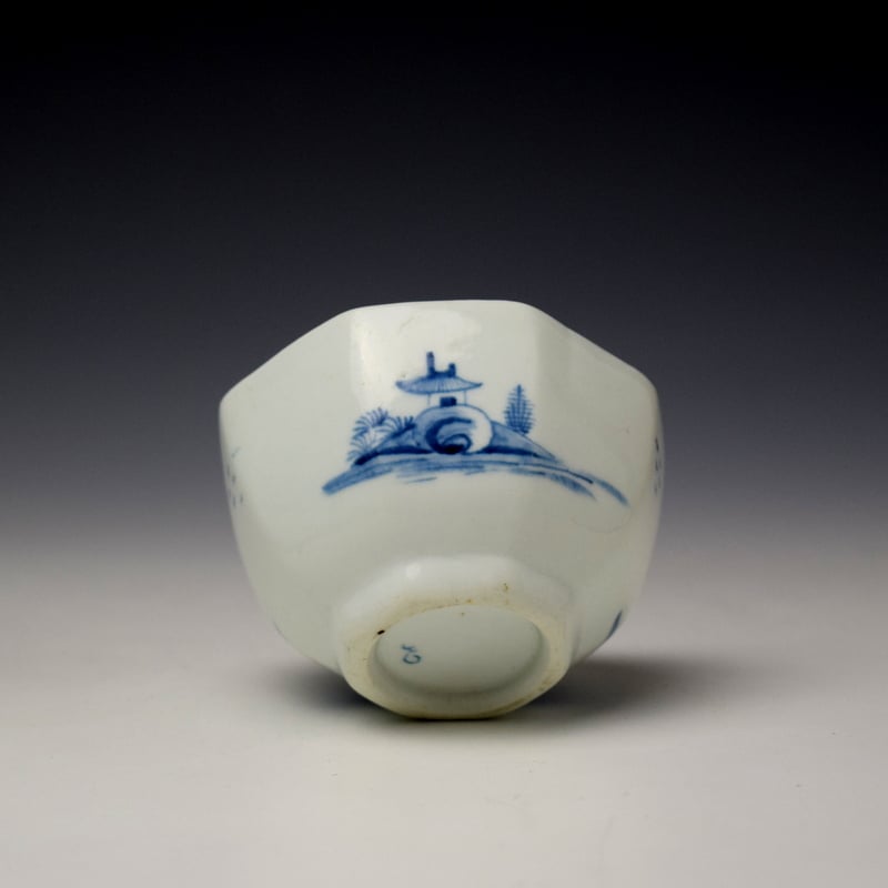 Longton Hall Two Story Pagoda Landscape Pattern Octagonal Teabowl and Saucer c1752-56 (7)