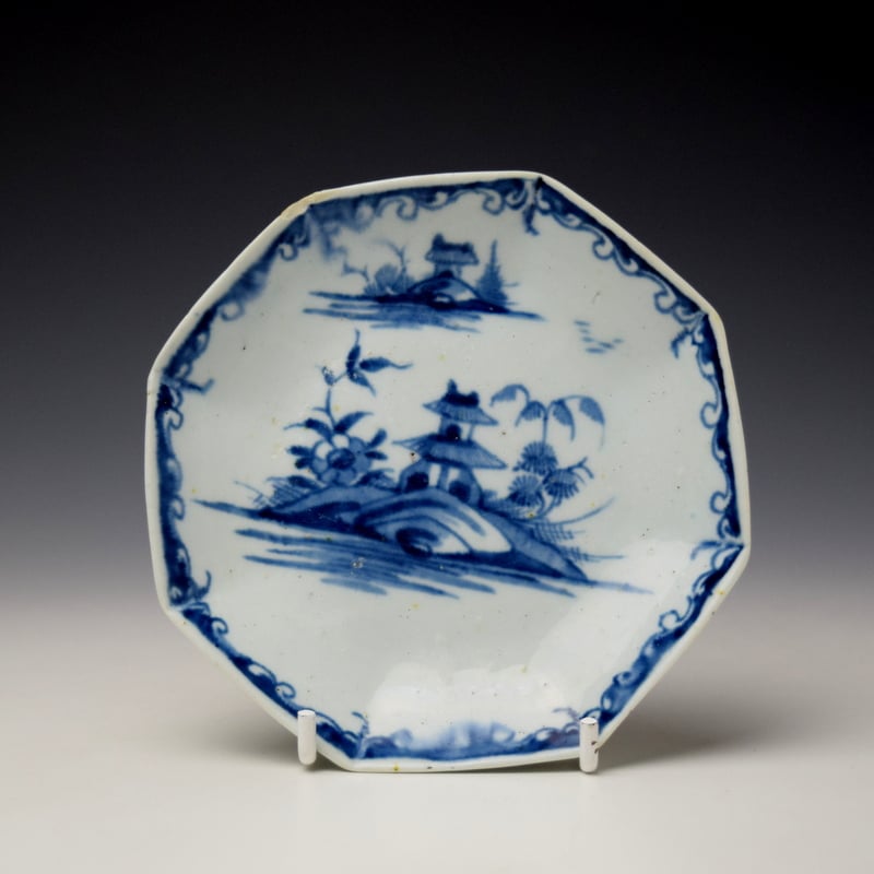 Longton Hall Two Story Pagoda Landscape Pattern Octagonal Teabowl and Saucer c1752-56 (8)