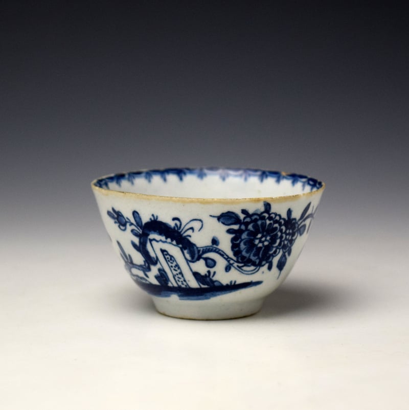 Lowestoft Angled Rock and Flowering Plants Pattern Teabowl and Saucer c1765 (2)
