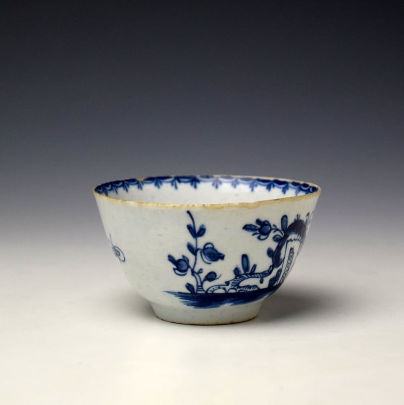 Lowestoft Angled Rock and Flowering Plants Pattern Teabowl and Saucer c1765 (3)