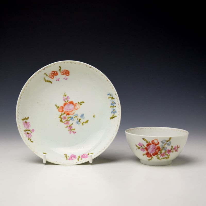 Early Tulip Painter Floral Sprays Pattern Teabowl and Saucer c1768-70