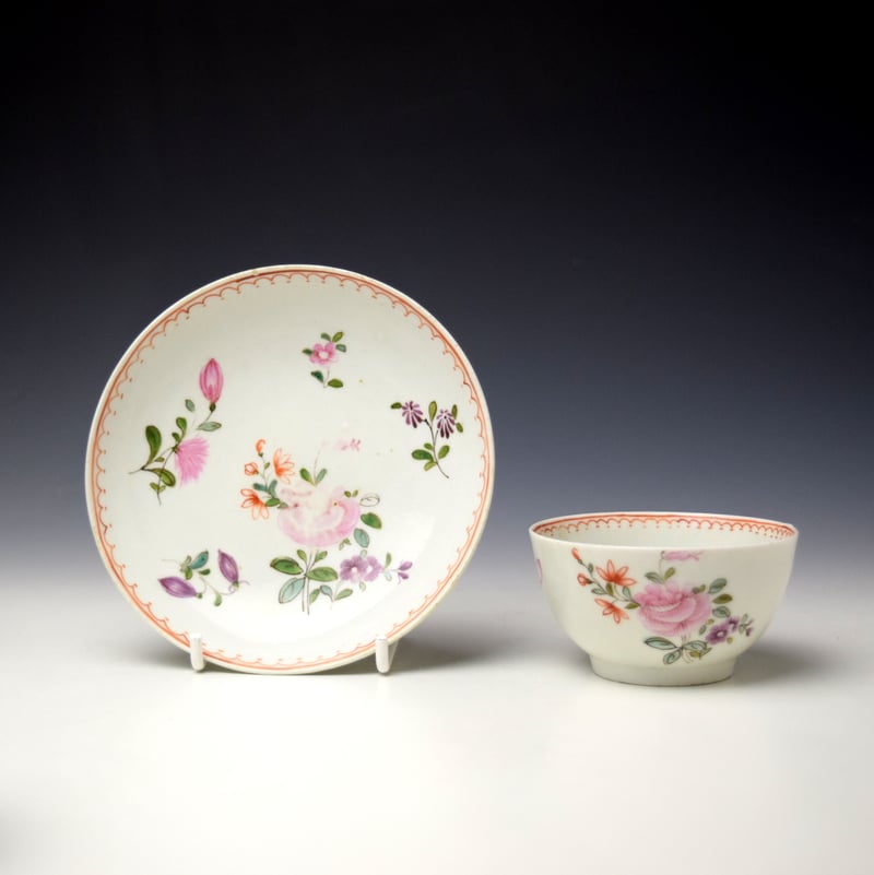 Early Floral Pattern Teabowl and Saucer c1770-75