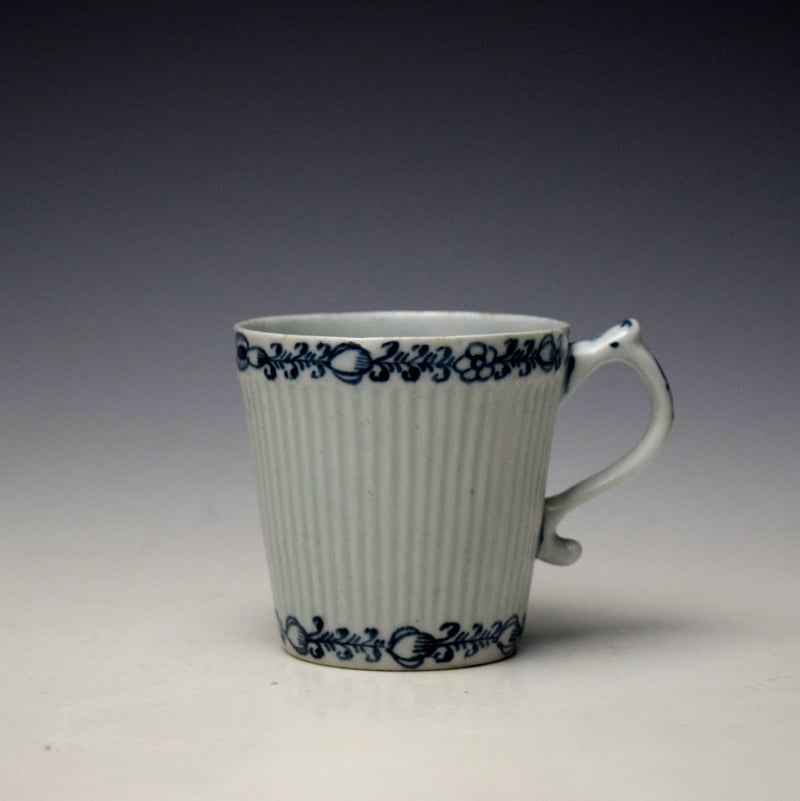 Lowestoft Flower Bud and Leaf Border Pattern Reeded Bucket Shaped Coffee Cup and Saucer c1762-65 (2)