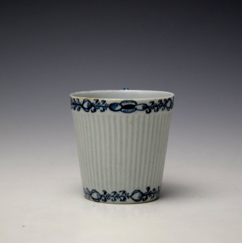 Lowestoft Flower Bud and Leaf Border Pattern Reeded Bucket Shaped Coffee Cup and Saucer c1762-65 (3)
