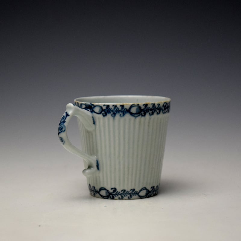 Lowestoft Flower Bud and Leaf Border Pattern Reeded Bucket Shaped Coffee Cup and Saucer c1762-65 (4)