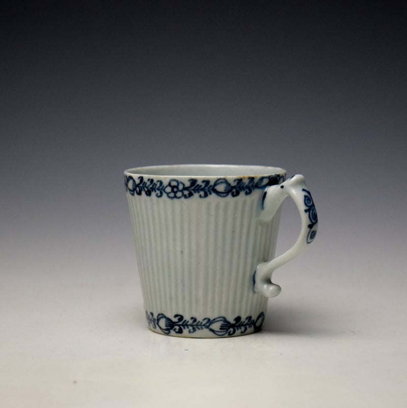 Lowestoft Flower Bud and Leaf Border Pattern Reeded Bucket Shaped Coffee Cup and Saucer c1762-65 (5)