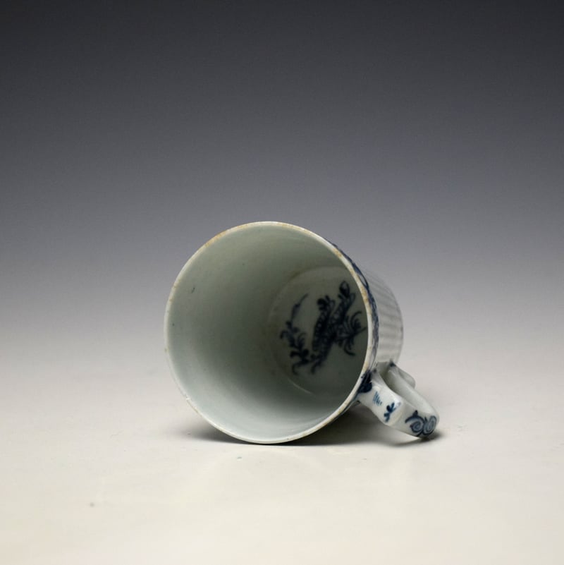 Lowestoft Flower Bud and Leaf Border Pattern Reeded Bucket Shaped Coffee Cup and Saucer c1762-65 (6)